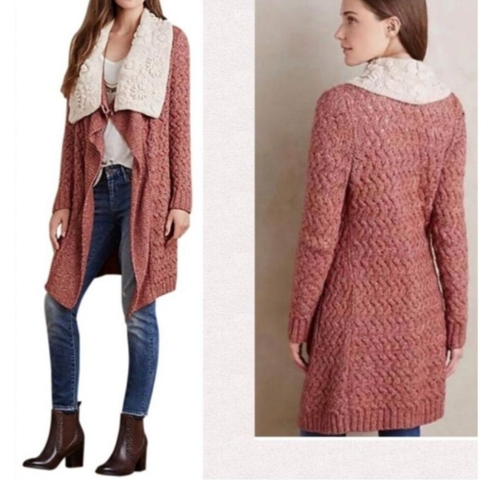 Anthropologie Moth Cardigan Women XS Pink Longline Wool Yak Blend Cowl Neck